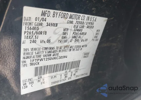 2004 Ford F150 Supercrew z USA, uszkodzony, nr VIN 1FTPW12504KC30594